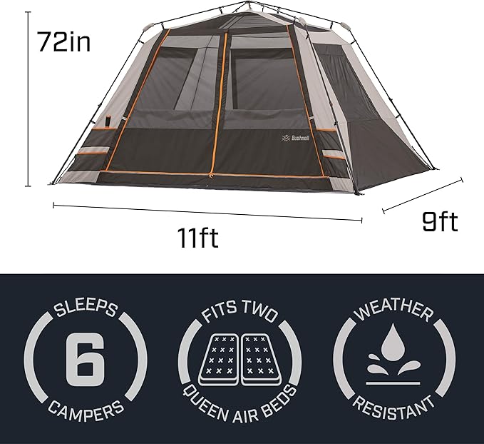 Bushnell Instant Tent | 6 Person / 9 Person / 12 Person Shield Series Instant Tents Cabin Design Perfect for 3 Season Family Camping, Hunting, and Fishing with Fast Setup | Instant Tents, Cabin Design, Family Camping, Hunting, Fishing, Fast Setup