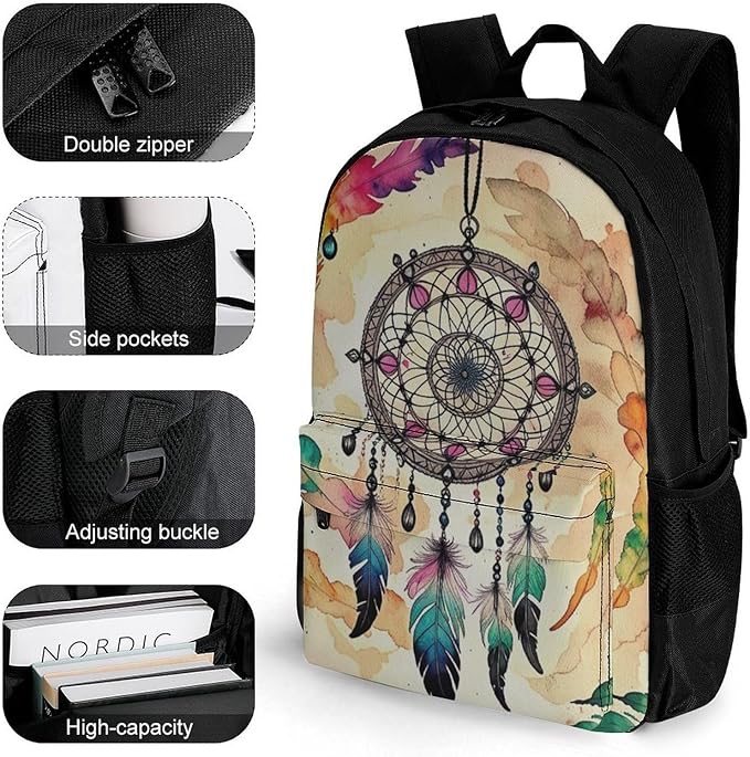 Polyester Daypack Bookbag for Gym Business Bicycle, Large Capacity Multipurpose Anti-Theft Carry On Bag, Vintage Dreamcatcher Travel Hiking Daypack