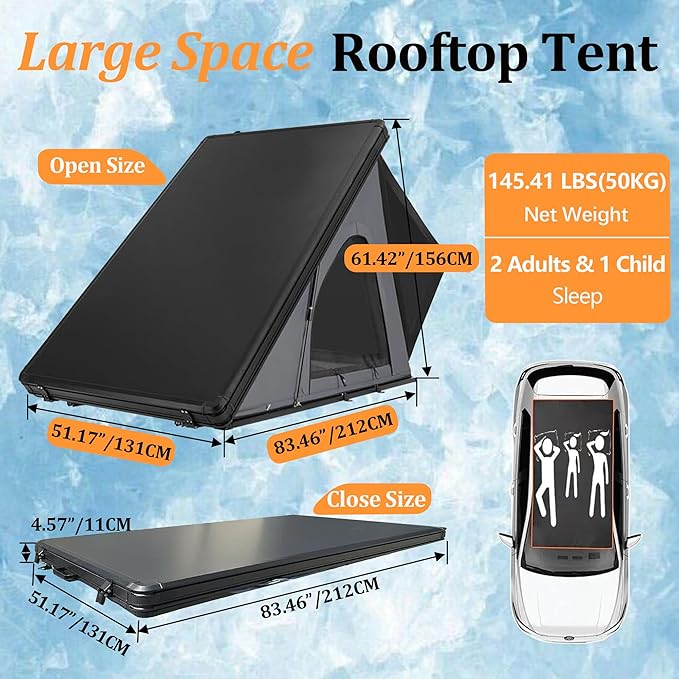 Aluminium Roof Top Tent,with Tri-Color LED Strip Light & 1.97" Thick Memory Foam Mattress,for Car Jeep SUV Truck Camping,2-3 People