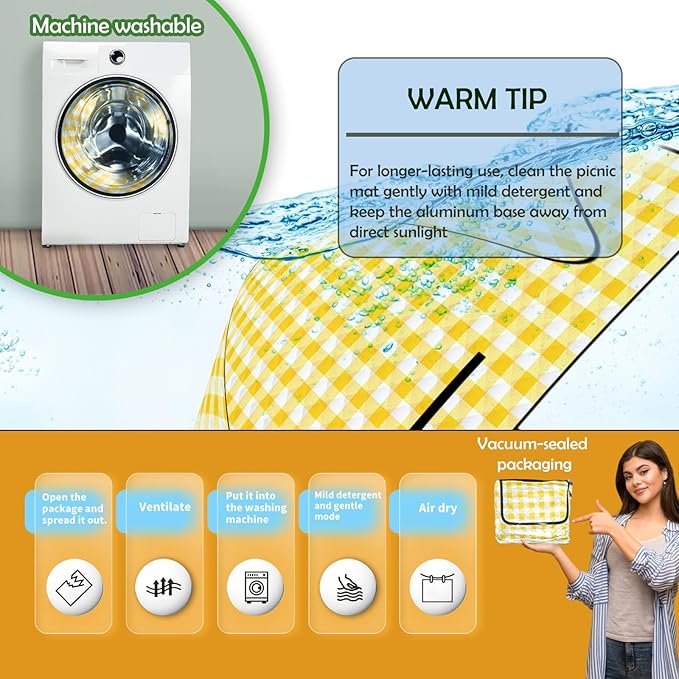 Large Picnic Blankets, 3 Layers Thick Soft Gingham Camping Blanket, 59X79IN Foldable Waterproof Rug, Portable Outdoor Mat for Beach Grass Hiking Park Travel, Sandproof, Machine Washable-Yellow