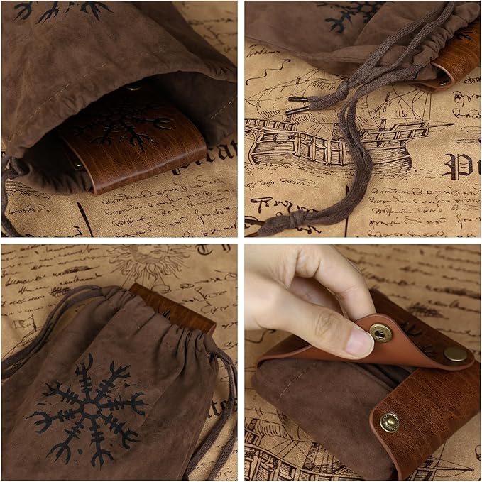 HiiFeuer Medieval Embossed Foraging Bag Belt Pouch, Portable Collapsible Bag Hiking Pouch for Ren Faire (Brown A)