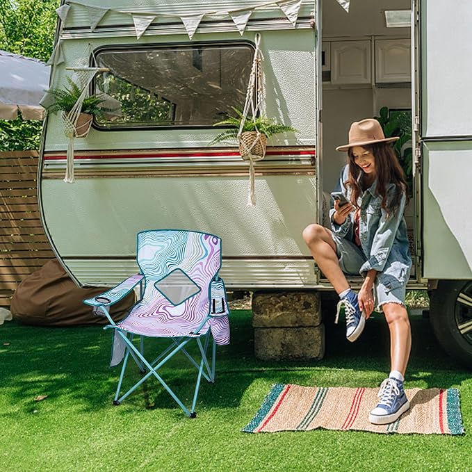 Nazhura 2 Pack Folding Camping Chair with Cooler Pouch, Mesh Backrest and Cup Holder Pocket (Flower, 2 Pack)