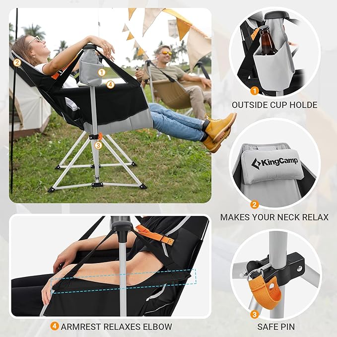 KingCamp Hammock Chair with Footrest, Swinging Portable Folding Camping Chairs for Adults MAX 440lbs Heavy Duty Foldable Oversized Rocker with Cup Holder Pillow for Outdoor Beach Patio Sport Lawn