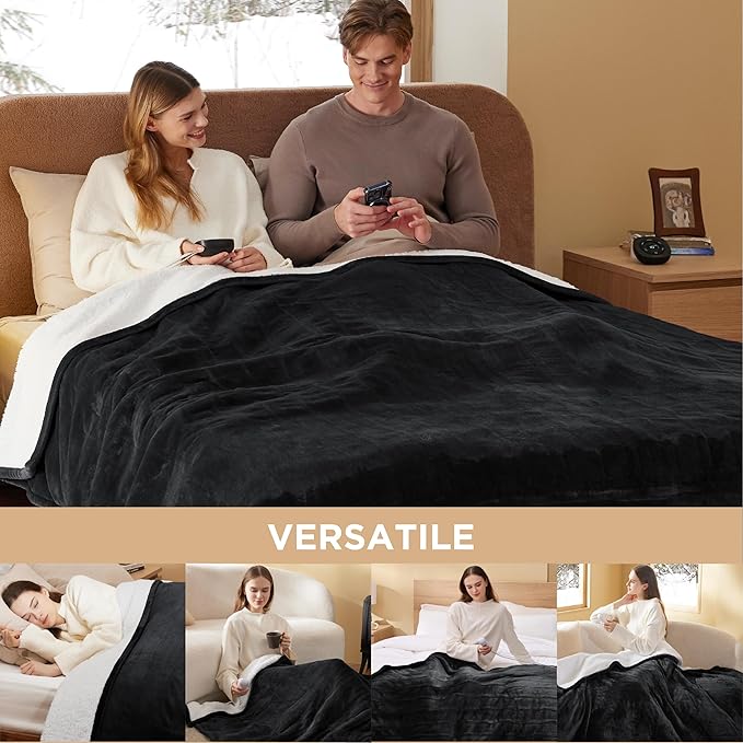 Bedsure Electric Blanket Queen Size - Dual Control Heated Blanket Queen, Fast Heating with 10 Time Settings & 10 Heat Settings, Warm Gift for Grandma (84x90 inches, Black)