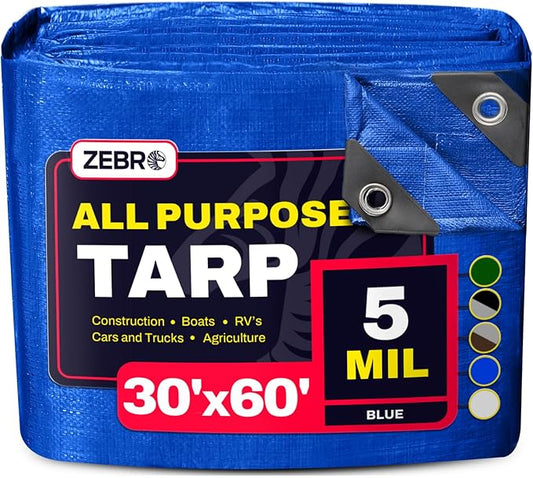 30' x 60' Blue Tarp with Grommets Reinforced - 5 Mil Thick - Durable UV Resistant Plastic Tarps Waterproof - Large Tarpaulin Cover for Outdoor Camping Over/Under Tent Tarp RV Roof Rain - Zebro