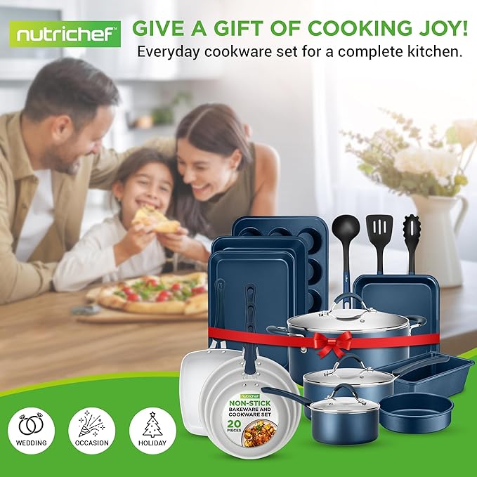 NutriChef Professional 20 Pc Kitchen Set in Navy Blue - Durable Non-Stick Pots and Pans with Bakeware, Compatible with Any Cooktop, Easy Clean