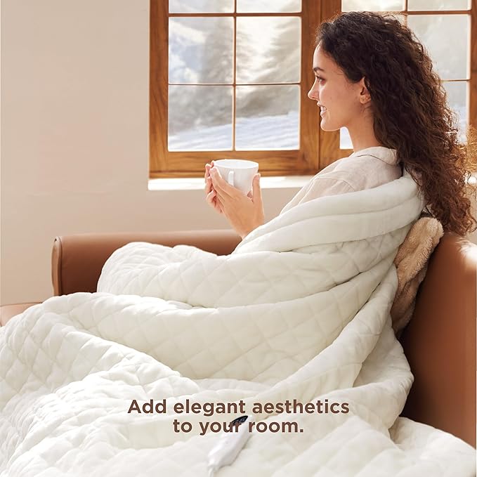 Bedsure Heated Blanket Throw Blanket - Quilted Electric Blanket, Soft Flannel Thick Heating Blanket with 4 Time Settings & 6 Heating Settings, Warm Gifts for Women Men (50x60 inches, Ivory)