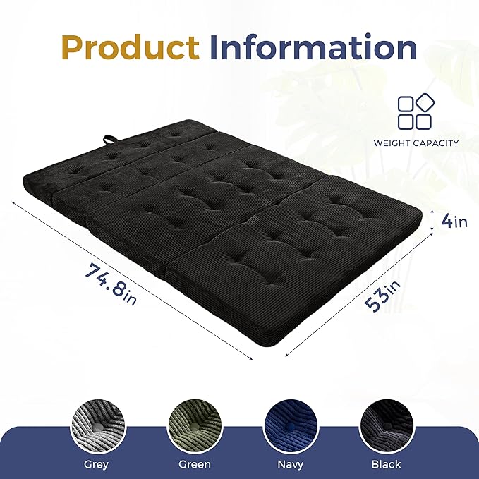 MAXYOYO Folding Mattress, 4 Inch Tufted Foldable Mattress Full Foam Bed, Tri-Fold Floor Couch with Handles Guest Bed Topper Portable Camping Mat with Corded Fabric, Full Size, Black