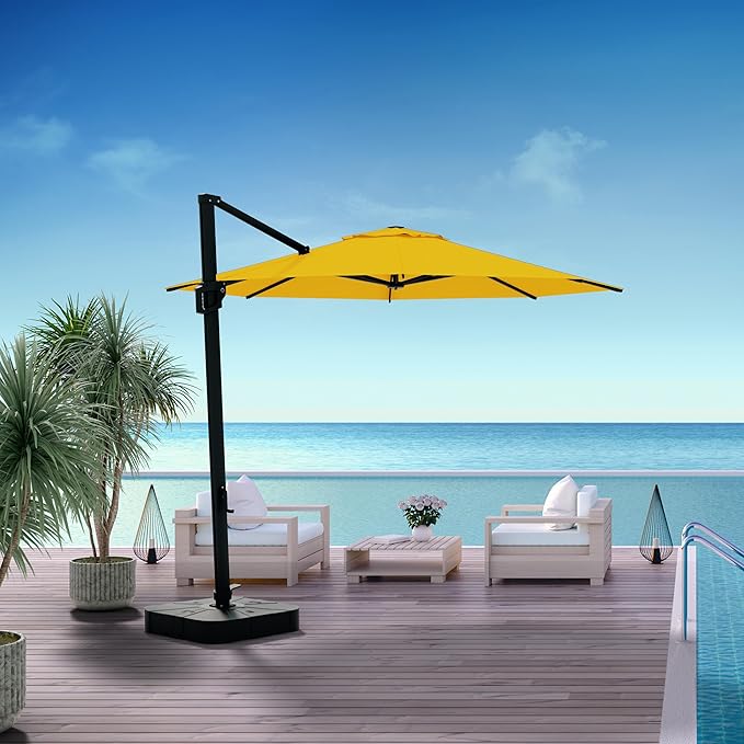 Midtown Umbrellas 10 Ft Outdoor Cantilever Patio Umbrella w/Terylast Sunflower Yellow Fabric - Tilt 360° Offset Patio Umbrella, Deck Patio Umbrella, Backyard Umbrella & Garden Umbrella - Black Frame