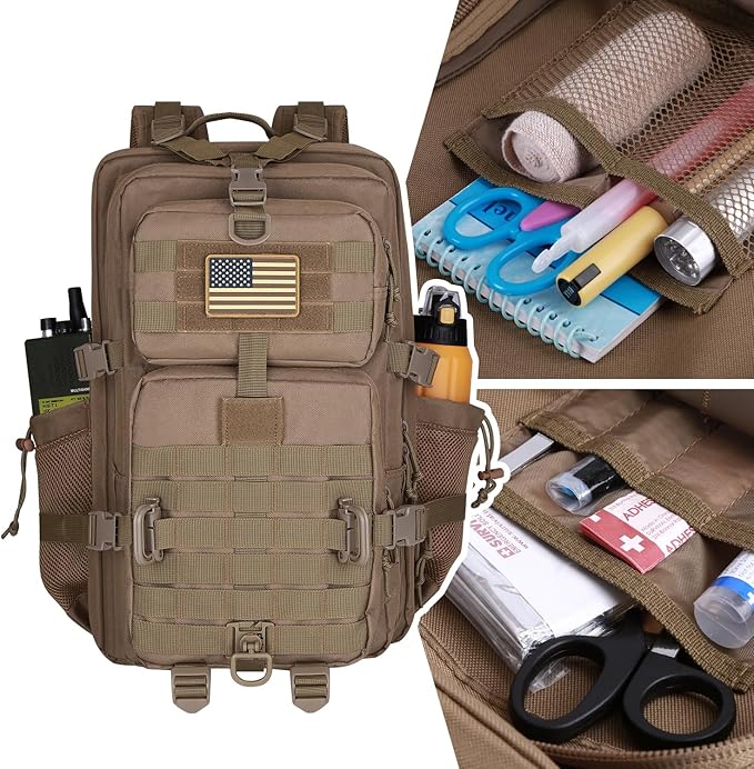 45L MOLLE Assault Backpack, Tactical Backpack Military Army Camping Rucksack with Bottle Holder, 3-Day Pack Trip w/USA Flag Patch, D-Rings, Khaki