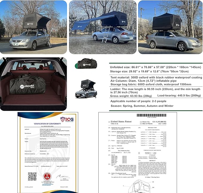 UNISTRENGH Waterproof Inflatable Car Rooftop Tent Lightweight Portable Family Outdoor Camping Roof Top Tent for SUV, Jeep Cars