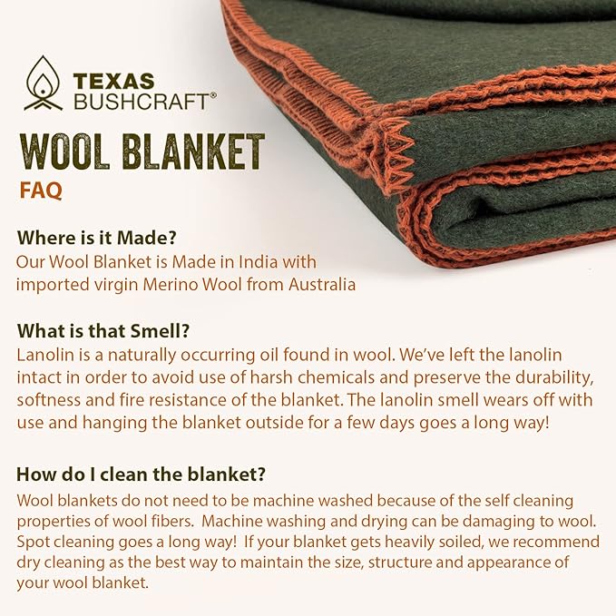 Texas Bushcraft Merino Wool Blanket for Camping, Hiking and Backpacking - Water and Fire Resistant Camp Car Blanket, Fast-Warming and Durable With Double-Stitched Edging (66" x 90")