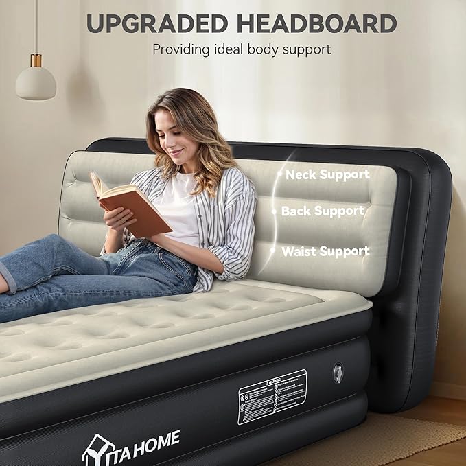 YITAHOME Queen Size Air Mattress with Pump and Banded Headboard, 18in Luxury Flocked Top Blow up Mattress, Durable Inflatable Mattress for Home & Guests, Black AirBed
