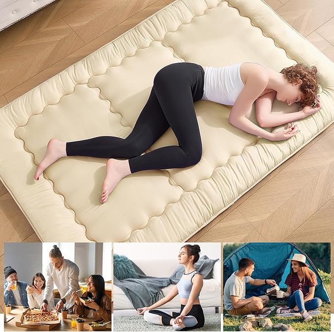 Japanese Floor Futon Mattress Queen Size, 4" Thicken Foldable Mattress Tatami Mat Sleeping Pad, 25D Foam Filled Traditional Shiki Futon (shikibuton), Designed in Japan (Beige 60"x 80")