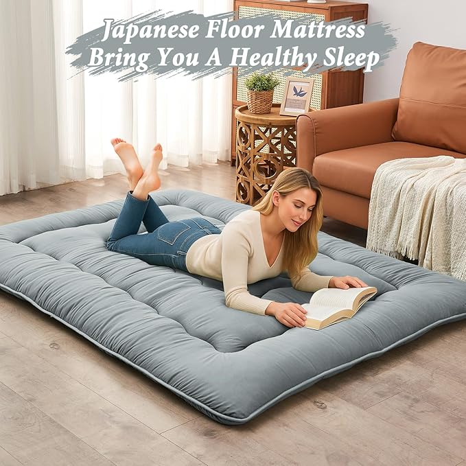 DAICO Japanese Floor Mattress, 4'' Thicken Futon Mattress Tatami Mat, Sleeping Pad Foldable Roll Up Mat for Camping and Guest Room, Queen Size 60''*80'', Grey