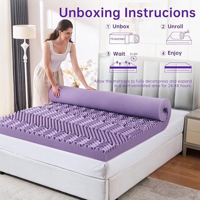 MUXHOMO 3-Inch King Mattress Topper, 7-Zone Egg Crate Memory Foam for Back Pain Relief, Cooling Gel-Infused Lavender Bed Pad, CertiPUR-US & Oeko-TEX Certified