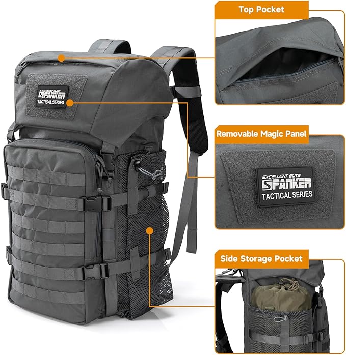 EXCELLENT ELITE SPANKER 40L Camping Hiking Backpack for Men and Women Tactical Military Backpack Large Rucksack Assault Pack Bag for Outdoor Camping, Hiking,Travel Backpacking(Grey