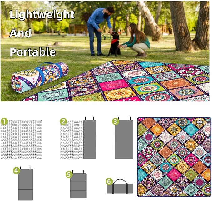 Waterproof Picnic Blankets Foldable & Portable 80''x80'' Boho Picnic Mat for Outdoors, Large Washable Picnic Blanket for Travel Camping Beach, Park Grass Picnic Blanket Accessories for Adults