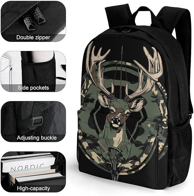 Supdreamc Rucksack Anti-Theft Multipurpose Large Capacity Carry On Bag, Camouflage American Flag Hunting Camo Deer Black Travel Hiking Bag Day Pack With Side Pockets