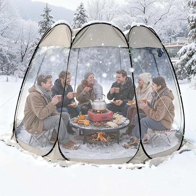 Pop Up Bubble Tent, Waterproof Outdoor Instant Canopy Tent with Floor Mat & Top Cover, 8 Person Screen House for Camping Party Patio Backyard & Sports Watching, 360 Degree View Khaki