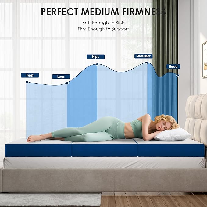 6 Inch Tri-Fold Mattress Twin Size, Portable Memory Foam Guest Bed with CertiPUR-US Certified Cooling Gel & Washable Cover, Folding Mattress for Camping, Dorm, RV & Living Room