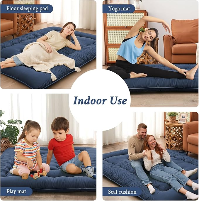 DAICO Japanese Floor Mattress, 4'' Thicken Futon Mattress Tatami Mat, Sleeping Pad Foldable Roll Up Mat for Camping and Guest Room, Queen Size 60''*80'', Navy