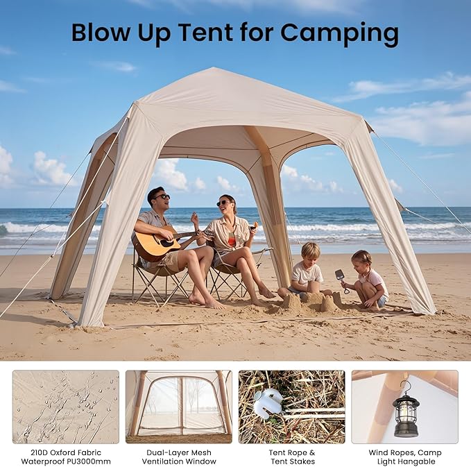 Inflatable Tents for Camping, Blow Up Tent with Hand Pump, Easy Setup Inflatable Hot Tent with Stove Jack, Waterproof Oxford Air Glamping Tents for Camping Adult 4 Person Upgrade Version