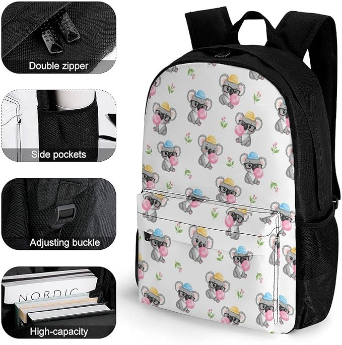 Rucksack Polyester Anti-Theft Multipurpose Bubble Gum Koala White Bookbag Big Capacity Travel and Sport Backpack Rucksack With Side Pockets