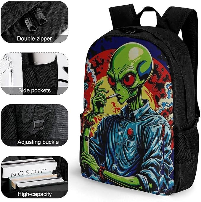 Men Women Polyester Psychedelic Space Alien Smoking Art Backpack Large Capacity Bookbag With Smooth Zippers for Climbing Picnic Bicycle