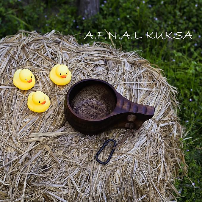 Kuksa Camping Mug Wooden Bushcraft Handcarved Cup, Nordic Style Coffee & Hiking Kuksa, Walnut Wood with Engraved Pattern, Trunk Style, 6.7 oz., 6.3" x 3.8" x 2.4"