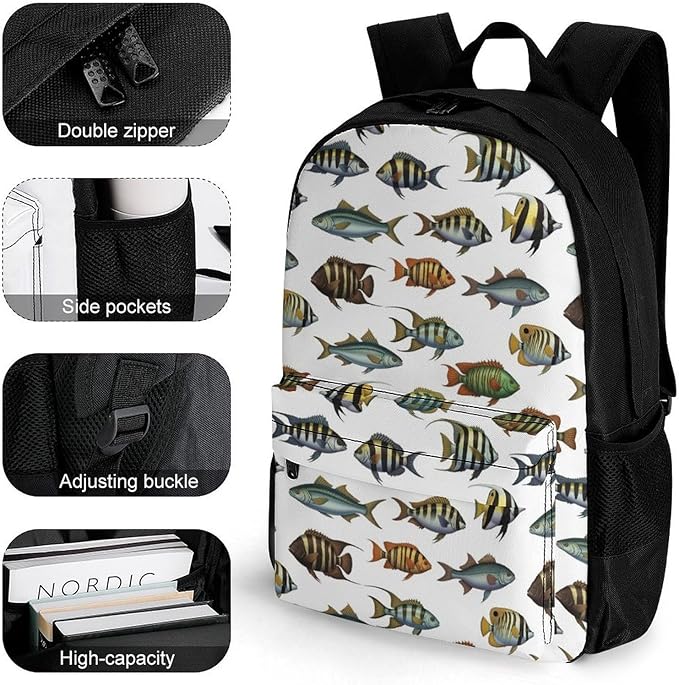 Supdreamc Lightweight Daypack Backpack for Sports Travel Running, Large Capacity Multipurpose Anti-Theft Bookbag, Sea Fish Pattern Laptop Backpack Daypack