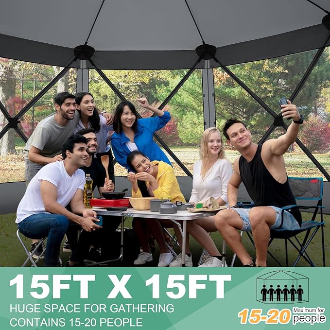 COBIZI 15x15 FT Pop Up Gazebo - Canopy Tent, Large Gazebos On Clearance with Sidewalls, Screened in Gazebo,carpas para Patio,Portable Screen Tents for 12-15 Persons Outdoor Camping, Backyard,Gray