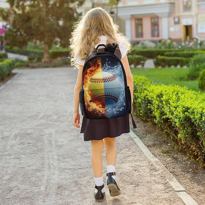 Polyester Daypack Backpack for Sports Travel Running, Big Capacity Anti-Theft Multipurpose Carry On Bag, Ice Water Fire Baseball Ball Laptop Book Bag Rucksack