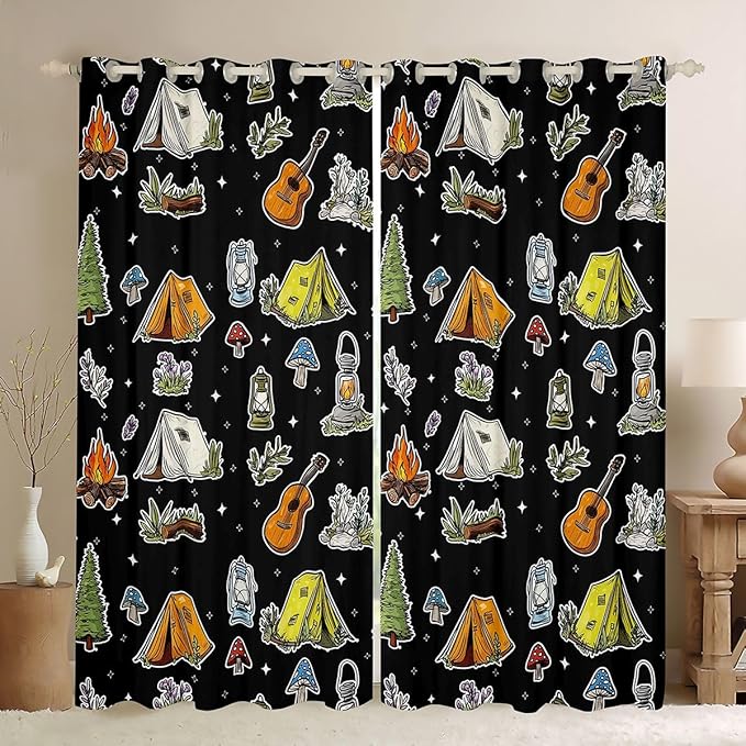 Feelyou Black Camping Camper Curtains for Bedroom Living Room Campfire Music Guitar Blackout Darkening Drapes Happy Camping Window Treatments, 2 Panels 52 x 63 Inch Room Decor