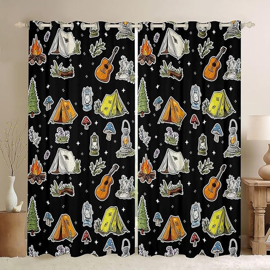 Feelyou Black Camping Camper Curtains for Bedroom Living Room Campfire Music Guitar Blackout Darkening Drapes Happy Camping Window Treatments, 2 Panels 42 x 84 Inch Room Decor
