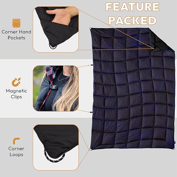 Versatile Packable Outdoor Camping Blanket, Puffy Blanket, Primaloft® Insulation, Warm, Durable, Lightweight, Waterproof, Oversize, Beach, Stadium, and More! 55"x80" (Logan Peak)