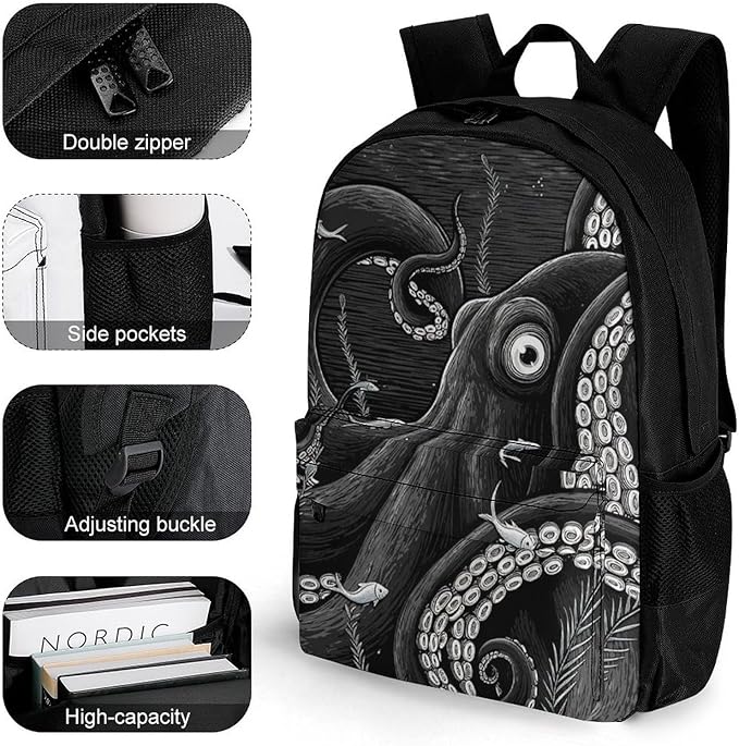 Supdreamc Polyester Daypack Backpack for Sports Travel Running, Big Capacity Anti-Theft Multipurpose Carry On Bag, Giant Squid Octopus Art Laptop Book Bag Rucksack