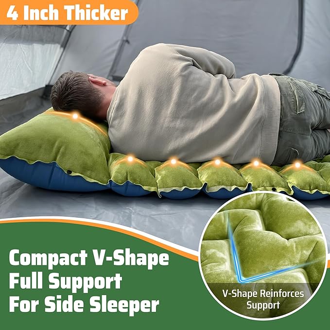 4" Thick Double-Sided Camping Sleeping Pad | Warm Velvet Top, Waterproof Nylon Bottom | Inflatable Mattress for Backpacking & Cold Weather