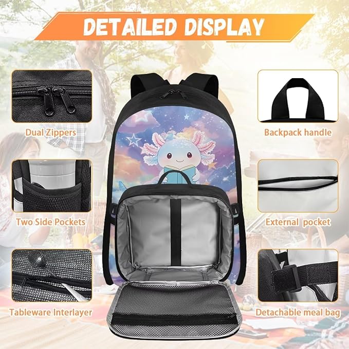 HUGS IDEA Axolotl Backpacks for Girls 4-6 Schoolbag with Lunch Box Cute Preschool Book Bags Student Hiking Camping Rucksack Daycare Bags Mochilas Para NiñA