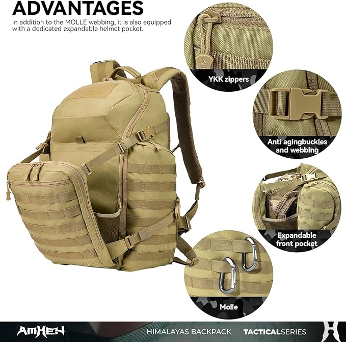 52L Tactical Backpack - 1050D 72 Hour Bug Out, 17" Laptop Compartment, Helmet Pocket and MOLLE for Survival Emergency (Tan)