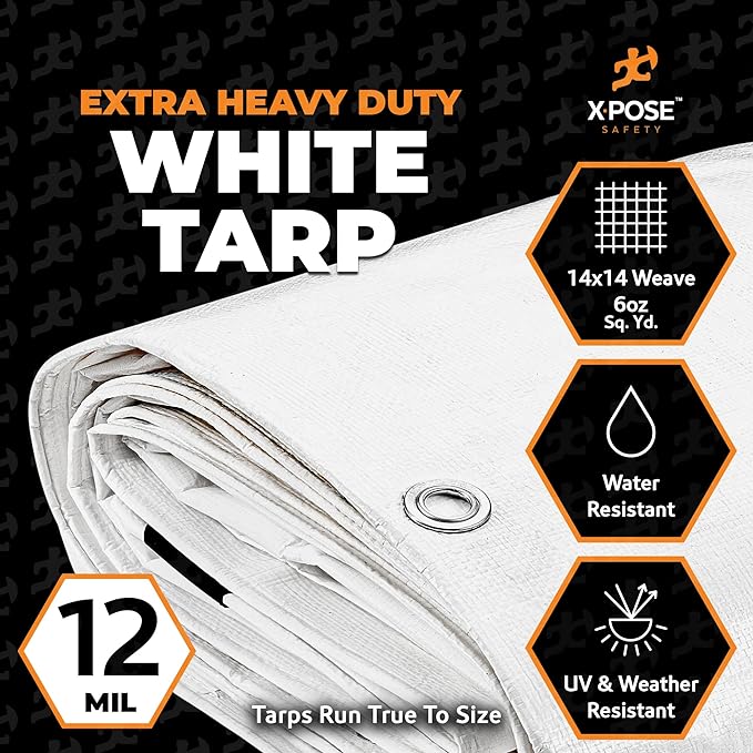 Heavy Duty White Poly Tarp 6' X 10' - Multipurpose Protective Cover - Durable, Waterproof, Weather Proof, Rip and Tear Resistant - Extra Thick 12 Mil Polyethylene - by Xpose Safety