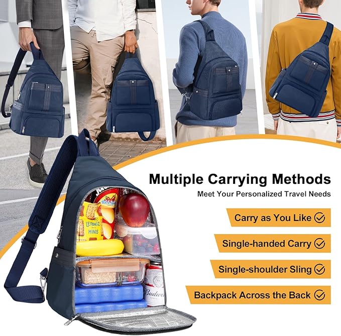 Crossbody Lunch Backpack, Double Deck Insulated Lunch Box for Men Women Adult, Leakproof Lunchbox with Side Pokets for iPad, Large Cooler Bag for Work Office Hiking Beach Picnic, Blue