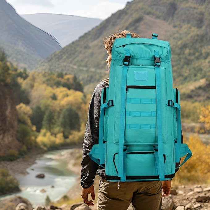 100L Hiking Camping Backpack MOLLE Rucksack Waterproof Daypack (LakeBlue)