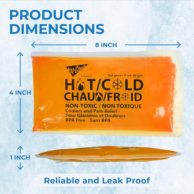 ICY-COOLS 3 Pack Reusable Hot or Cold Gel Ice Packs for Injuries, Multipurpose Ice Packs for Lunch Boxes, Long-Lasting Cold Therapy for Pain Relief, 4 x 8 Inches (Orange)