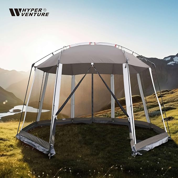 HYPER VENTURE Screen House 13x13 Feet Octagonal Mesh Canopy Camping Gazebo Shelter Tent for 8-10 People Outdoor Party Activities, Grey