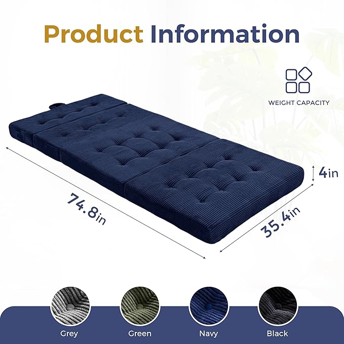 MAXYOYO Folding Mattress, 4 Inch Tufted Foldable Mattress Full Foam Bed, Tri-Fold Floor Couch with Handles Guest Bed Topper Portable Camping Mat with Corded Fabric, Twin Size, Navy