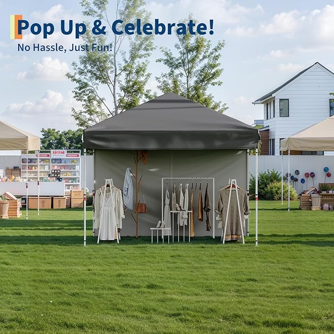 Pop Up Canopy Tent 10x10 FT Outdoor Canopy One-Person Set Up Heavy Duty Commercial Instant Tent, 3-Sidewall, Gray
