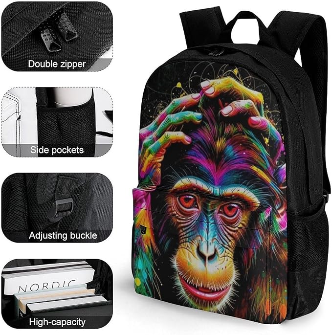 Polyester Daypack Backpack for Climbing Outdoors Running, Big Capacity Multipurpose Anti-Theft Bookbag, Clever Animals Monkey Art Travel Hiking Camping Rucksack