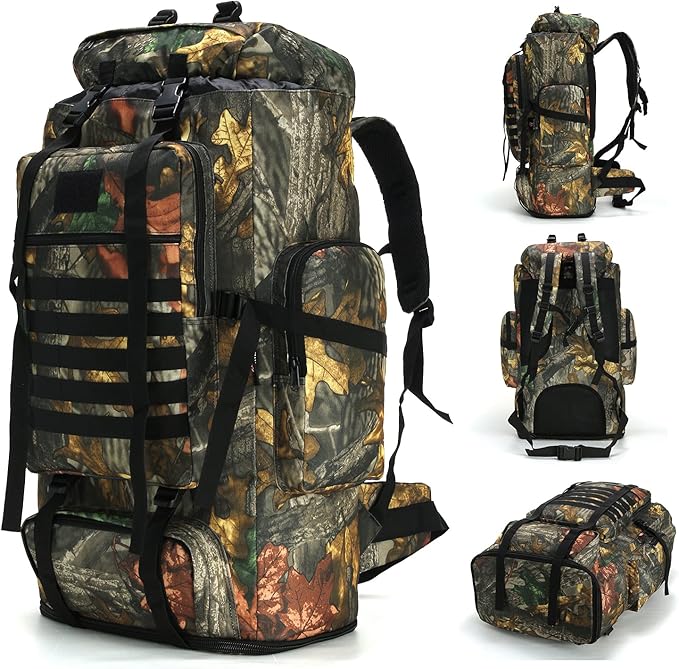 70L/100L Hiking Camping Backpack MOLLE Rucksack Waterproof Traveling Daypack Durable High-Performance Backpack for Backpacking (Leaf camo, 70L/100L)