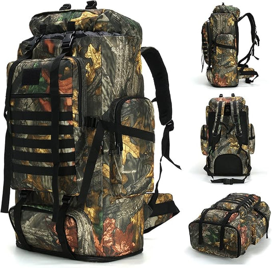 70L/100L Hiking Camping Backpack MOLLE Rucksack Waterproof Traveling Daypack Durable High-Performance Backpack for Backpacking (Leaf camo, 70L/100L)